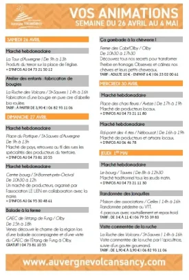 Programme des animations de la semaine du 26 avril au 4 mai